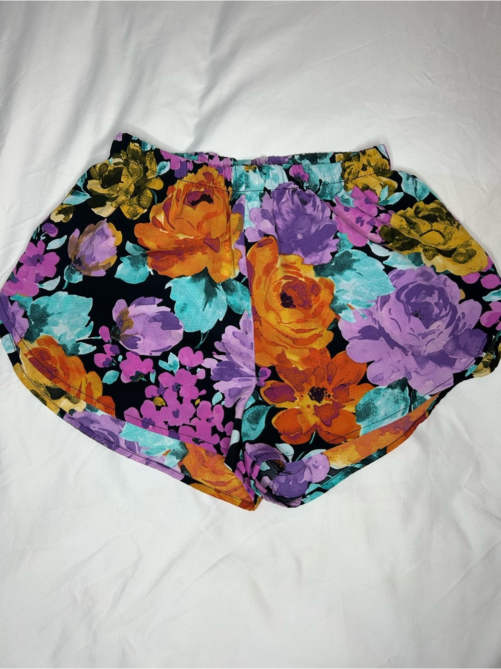 Ambiance Floral Elastic-Waist Women's Shorts - Black with Orange, Purple & Teal